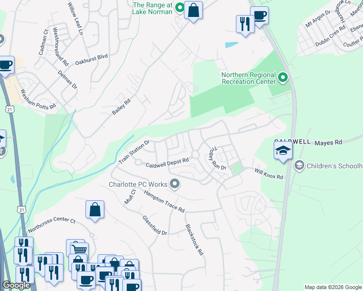 map of restaurants, bars, coffee shops, grocery stores, and more near 10060 Switchyard Drive in Cornelius