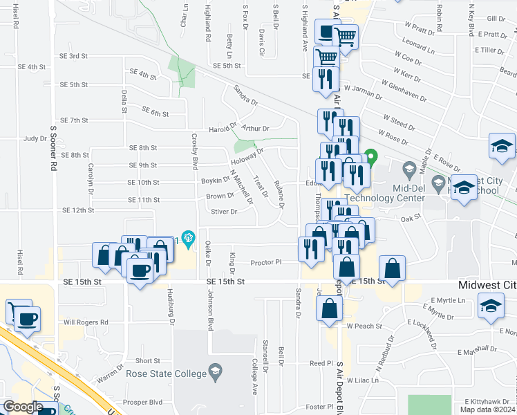 map of restaurants, bars, coffee shops, grocery stores, and more near 1820 North Mitchell Drive in Midwest City