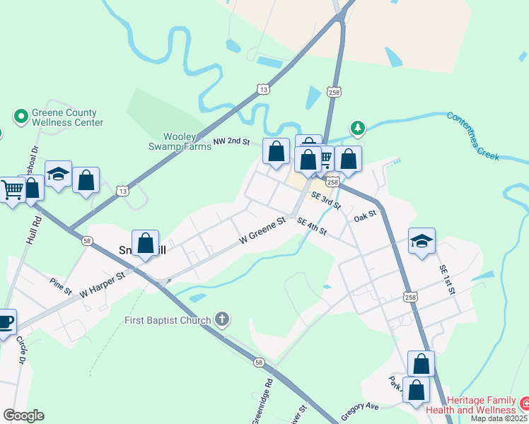 map of restaurants, bars, coffee shops, grocery stores, and more near 110 Northwest 4th Street in Snow Hill