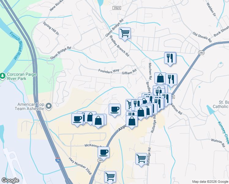 map of restaurants, bars, coffee shops, grocery stores, and more near 24 Chambers Garden Drive in Arden