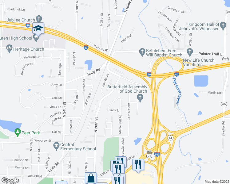 map of restaurants, bars, coffee shops, grocery stores, and more near 1320 North 28th Street in Van Buren