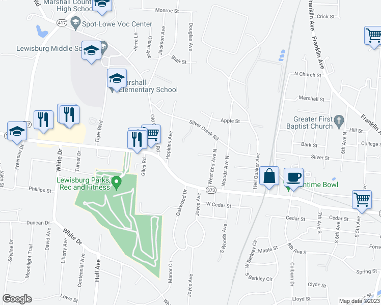 map of restaurants, bars, coffee shops, grocery stores, and more near 1300 Walker Street in Lewisburg