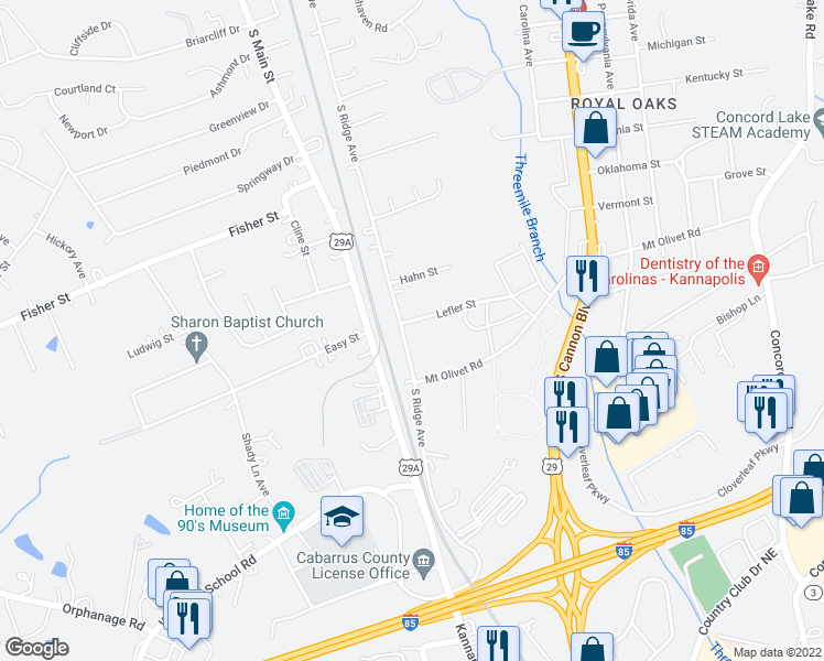 map of restaurants, bars, coffee shops, grocery stores, and more near 2805 South Ridge Avenue in Concord