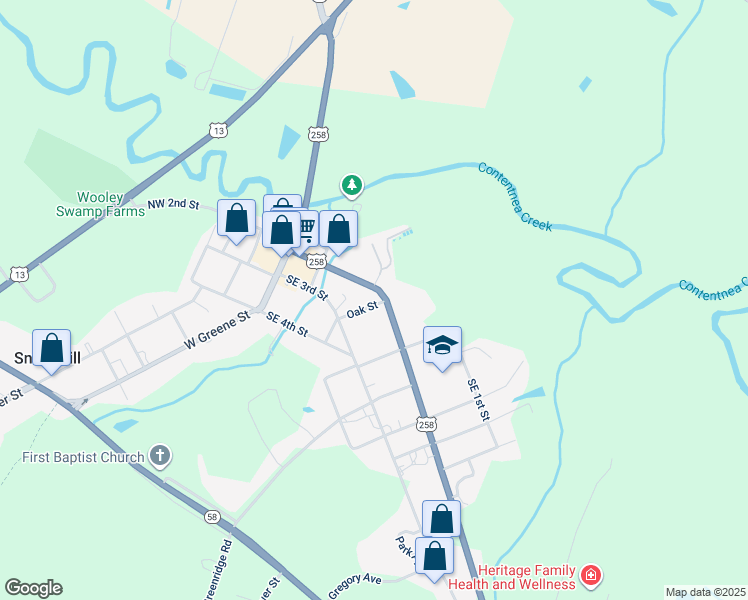 map of restaurants, bars, coffee shops, grocery stores, and more near 214 Oak Street in Snow Hill