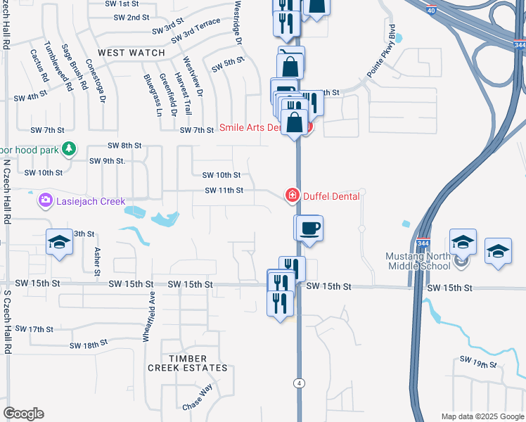 map of restaurants, bars, coffee shops, grocery stores, and more near 11425 Southwest 11th Street in Yukon