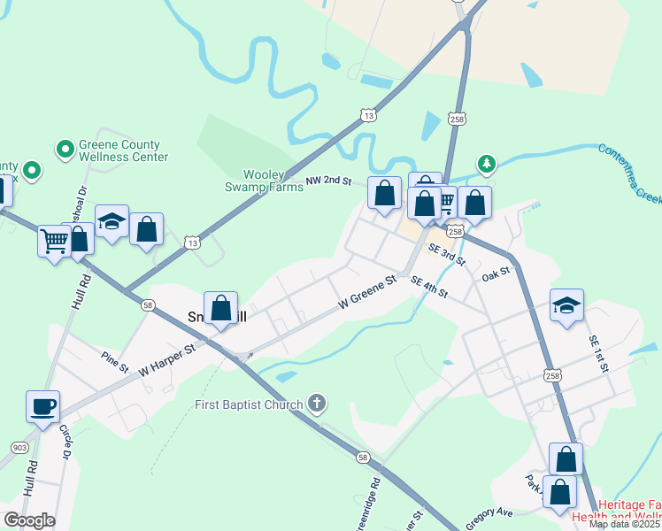 map of restaurants, bars, coffee shops, grocery stores, and more near 107 West Harper Street in Snow Hill