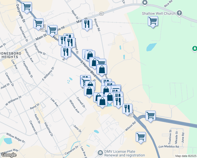 map of restaurants, bars, coffee shops, grocery stores, and more near 2904 South Horner Boulevard in Sanford