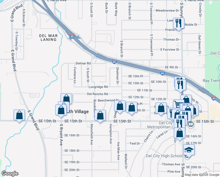 map of restaurants, bars, coffee shops, grocery stores, and more near 1112 Hampton Road in Del City