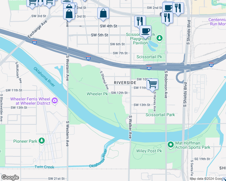map of restaurants, bars, coffee shops, grocery stores, and more near 608 Southwest 11th Street in Oklahoma City