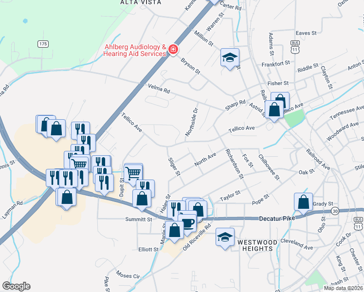map of restaurants, bars, coffee shops, grocery stores, and more near 837 Northside Drive in Athens