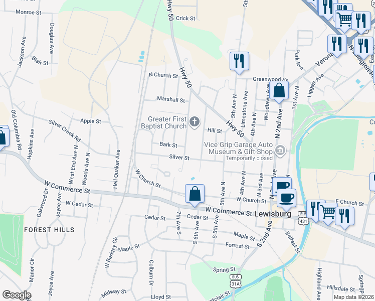 map of restaurants, bars, coffee shops, grocery stores, and more near 433 North 7th Avenue in Lewisburg