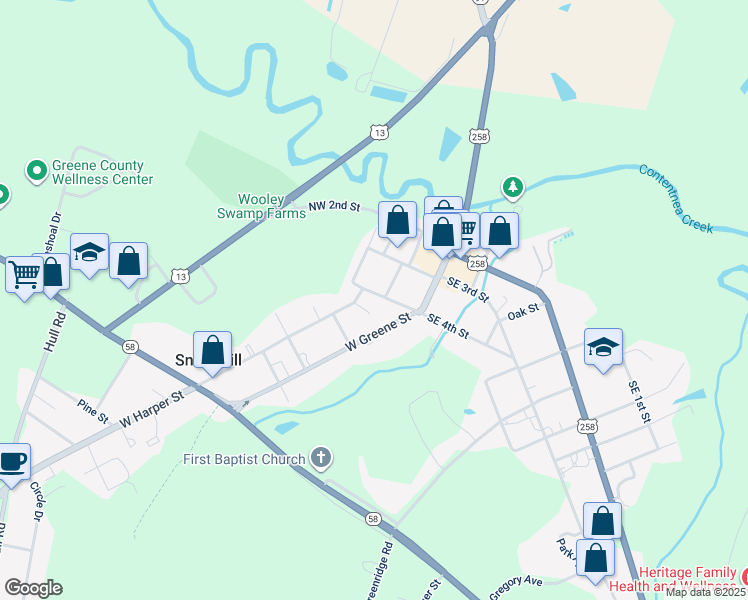 map of restaurants, bars, coffee shops, grocery stores, and more near 114 Northwest 4th Street in Snow Hill