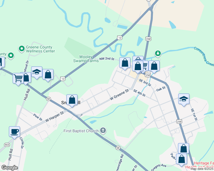 map of restaurants, bars, coffee shops, grocery stores, and more near 107 West Harper Street in Snow Hill
