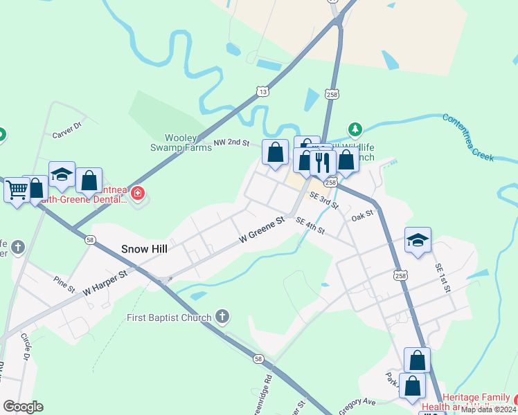 map of restaurants, bars, coffee shops, grocery stores, and more near 114 Northwest 4th Street in Snow Hill