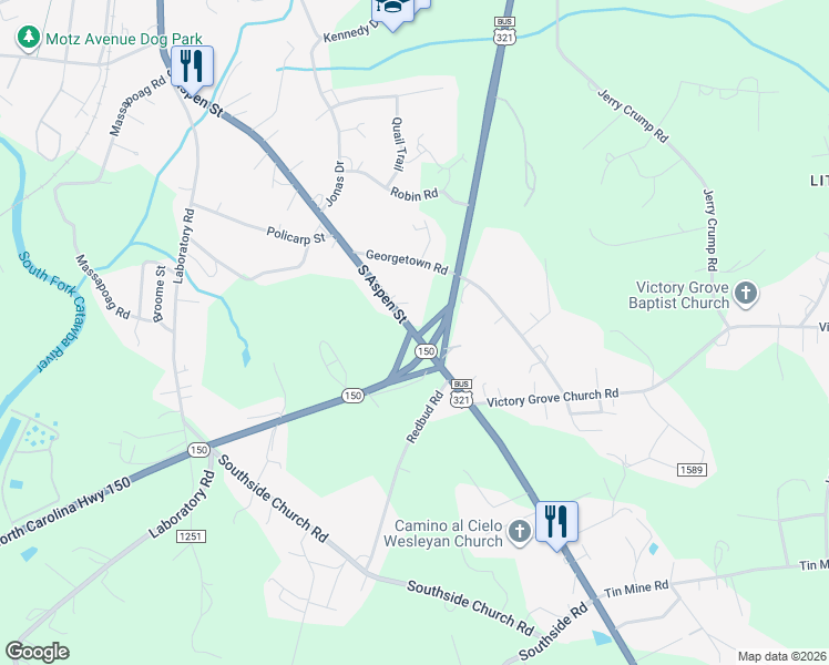 map of restaurants, bars, coffee shops, grocery stores, and more near 1573 South Aspen Street in Lincolnton