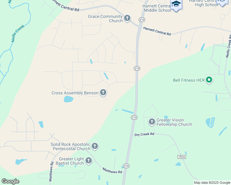 map of restaurants, bars, coffee shops, grocery stores, and more near 141 Hay Field Drive in Lillington