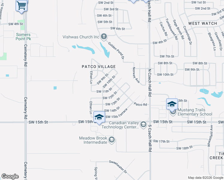 map of restaurants, bars, coffee shops, grocery stores, and more near 12304 Southwest 11th Street in Yukon