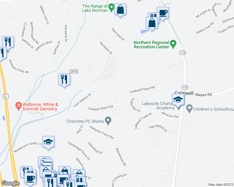 map of restaurants, bars, coffee shops, grocery stores, and more near 15529 Crossing Gate Drive in Cornelius