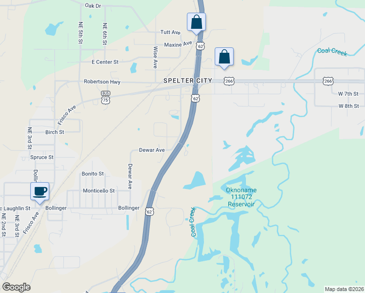 map of restaurants, bars, coffee shops, grocery stores, and more near 108 Northeast 1st Street in Henryetta