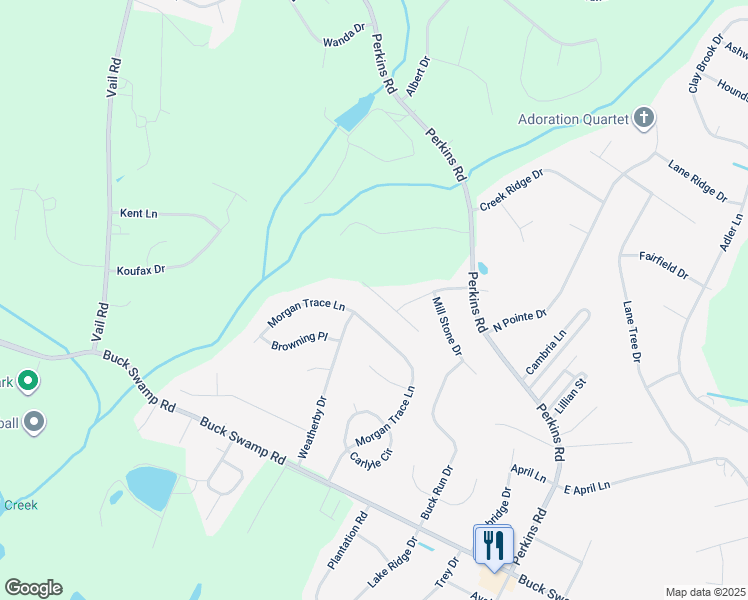 map of restaurants, bars, coffee shops, grocery stores, and more near 105 West Berkshire Court in Goldsboro