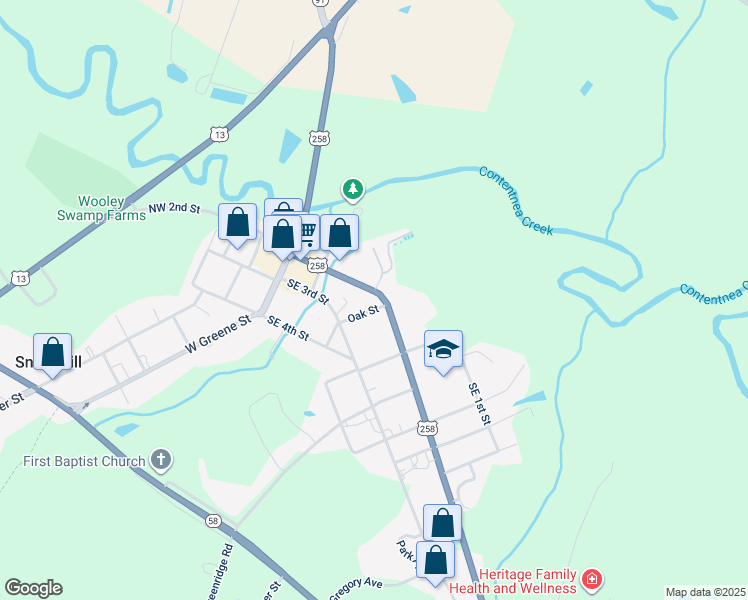 map of restaurants, bars, coffee shops, grocery stores, and more near 214 Oak Street in Snow Hill