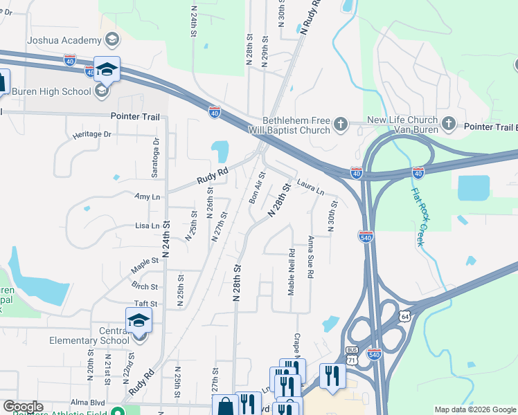 map of restaurants, bars, coffee shops, grocery stores, and more near 1329 Shadowalk Drive in Van Buren
