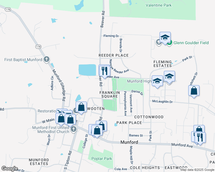 map of restaurants, bars, coffee shops, grocery stores, and more near 61 Franklin Square Drive in Munford