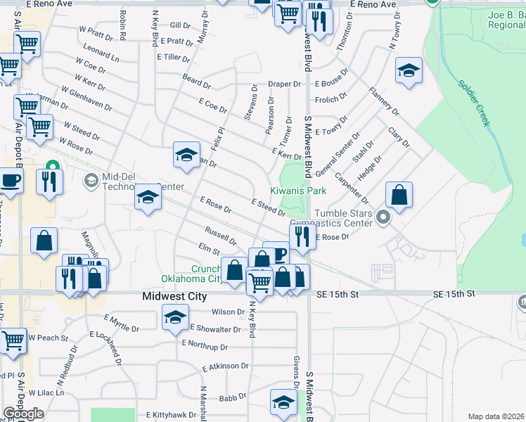 map of restaurants, bars, coffee shops, grocery stores, and more near 402 East Steed Drive in Midwest City