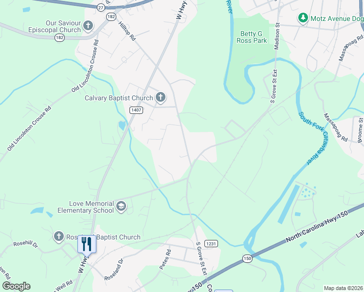 map of restaurants, bars, coffee shops, grocery stores, and more near 506 Hilltop Road in Lincolnton