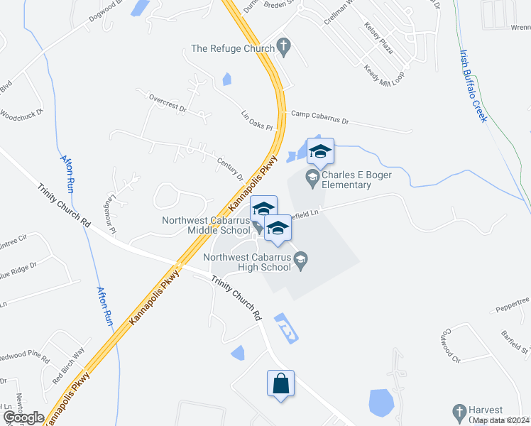 map of restaurants, bars, coffee shops, grocery stores, and more near Northwest Cabarrus Drive in Concord