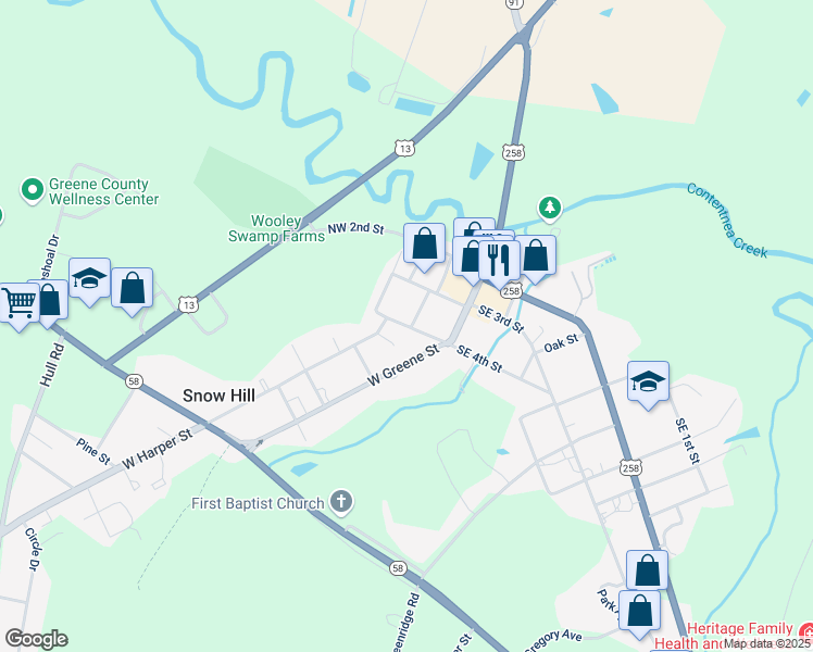 map of restaurants, bars, coffee shops, grocery stores, and more near Northwest 4th Street in Snow Hill