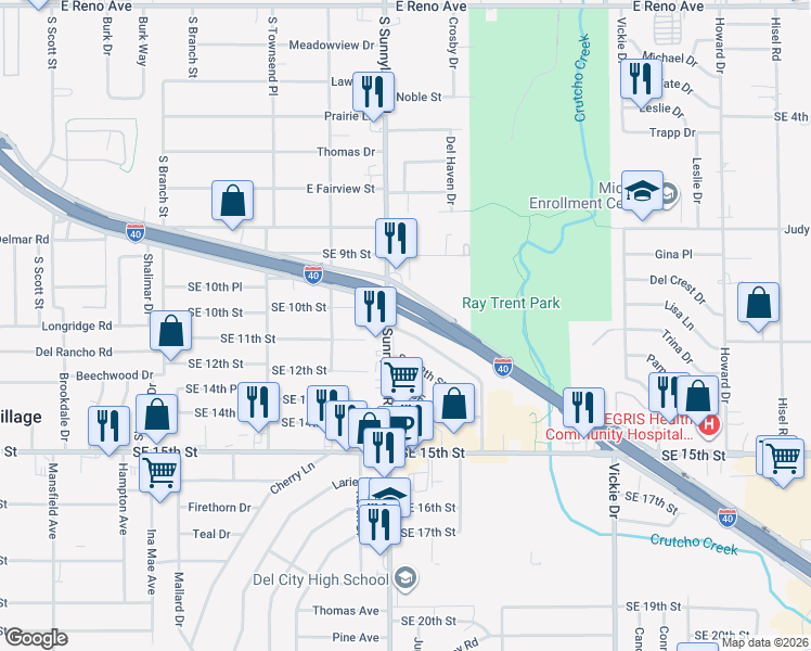 map of restaurants, bars, coffee shops, grocery stores, and more near 4301 Woodedge Drive in Del City