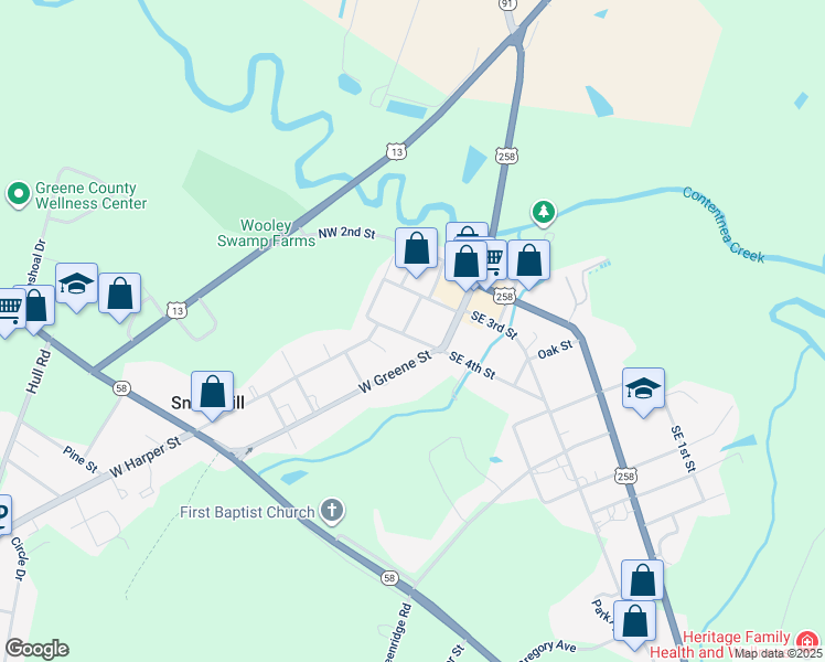 map of restaurants, bars, coffee shops, grocery stores, and more near 107 Northwest 4th Street in Snow Hill