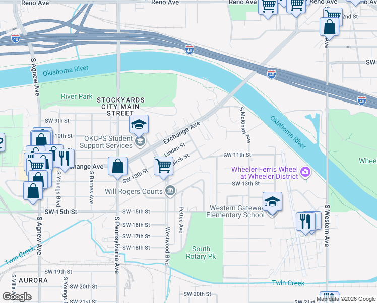 map of restaurants, bars, coffee shops, grocery stores, and more near 1609 Birch Street in Oklahoma City