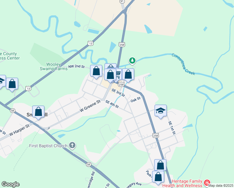map of restaurants, bars, coffee shops, grocery stores, and more near 113 Southeast 3rd Street in Snow Hill