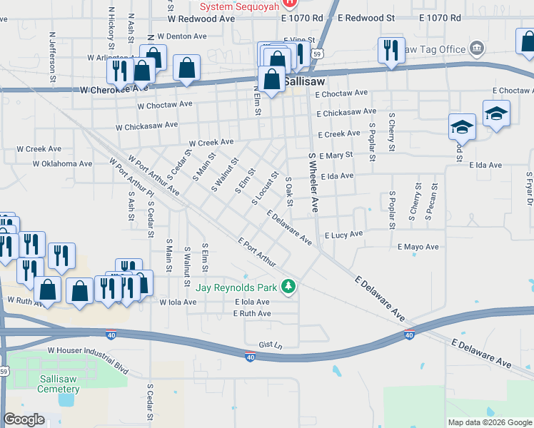 map of restaurants, bars, coffee shops, grocery stores, and more near 22 East Delaware Avenue in Sallisaw
