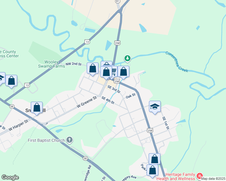 map of restaurants, bars, coffee shops, grocery stores, and more near 113 Southeast 3rd Street in Snow Hill