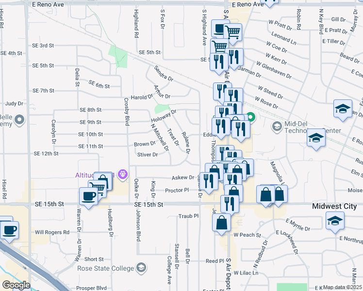map of restaurants, bars, coffee shops, grocery stores, and more near 1813 Rulane Drive in Midwest City