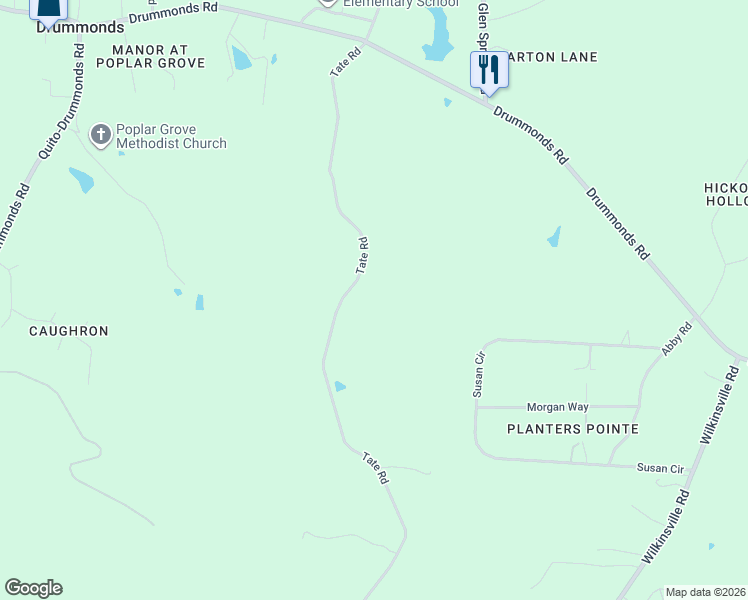 map of restaurants, bars, coffee shops, grocery stores, and more near 1052 Tate Road in Drummonds