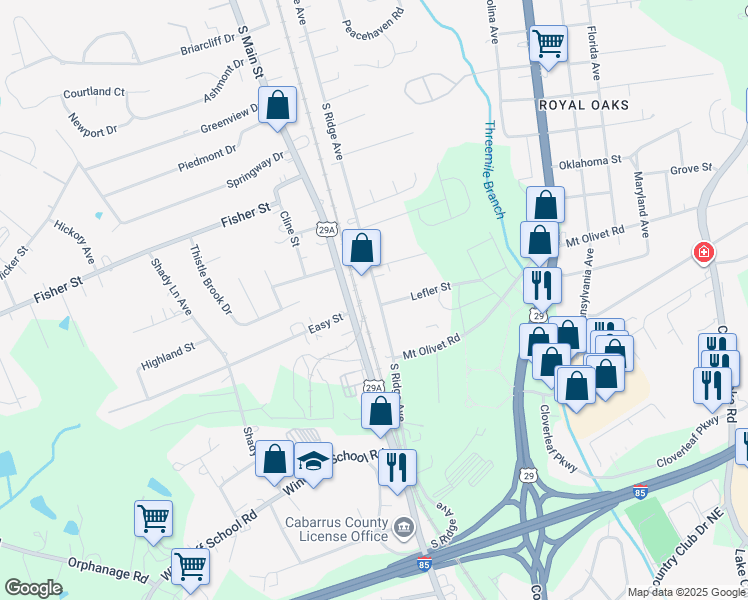 map of restaurants, bars, coffee shops, grocery stores, and more near 2740 South Ridge Avenue in Concord