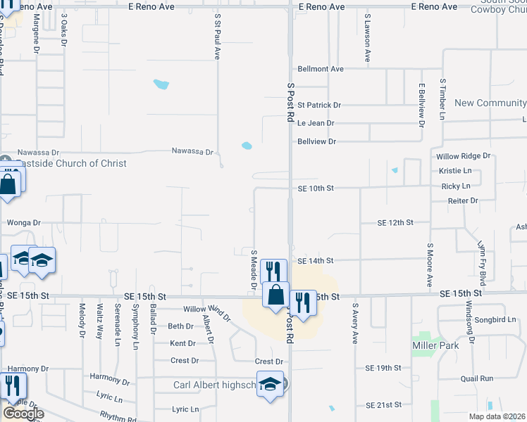 map of restaurants, bars, coffee shops, grocery stores, and more near 1204 South Meade Drive in Midwest City