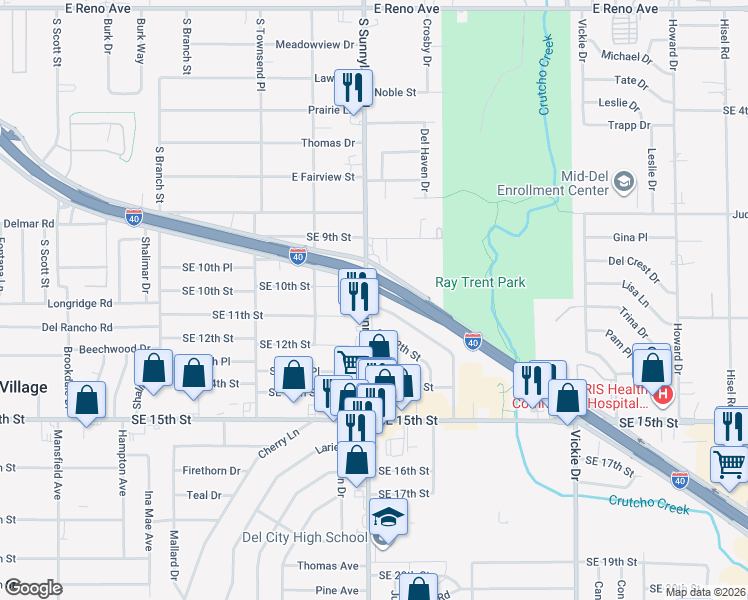 map of restaurants, bars, coffee shops, grocery stores, and more near 4301 Woodedge Drive in Del City