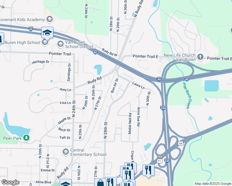 map of restaurants, bars, coffee shops, grocery stores, and more near 1327 Shadowalk Drive in Van Buren