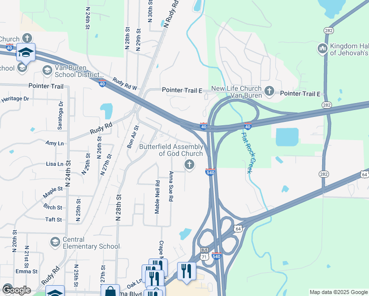 map of restaurants, bars, coffee shops, grocery stores, and more near 1413 North 30th Street in Van Buren