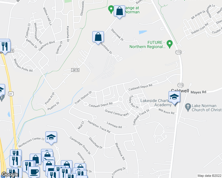 map of restaurants, bars, coffee shops, grocery stores, and more near 10060 Switchyard Drive in Cornelius