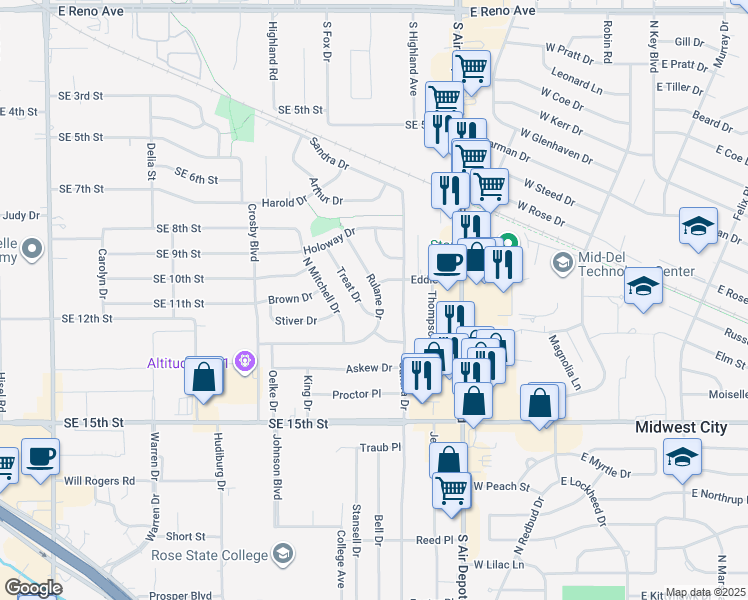 map of restaurants, bars, coffee shops, grocery stores, and more near 1813 Rulane Drive in Midwest City