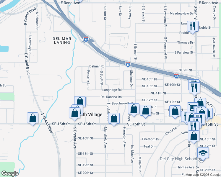 map of restaurants, bars, coffee shops, grocery stores, and more near 3217 Longridge Road in Del City