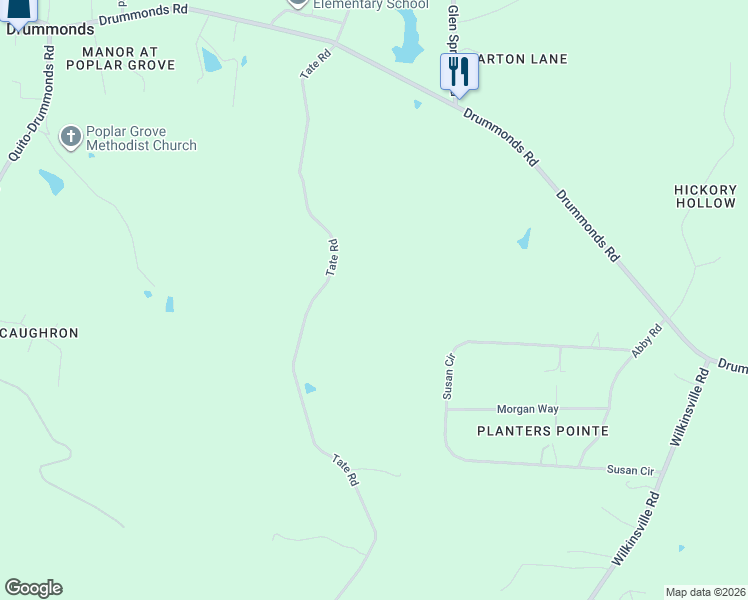 map of restaurants, bars, coffee shops, grocery stores, and more near 1052 Tate Road in Drummonds
