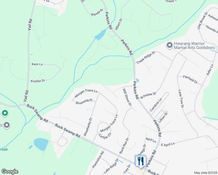 map of restaurants, bars, coffee shops, grocery stores, and more near 104 West Berkshire Court in Goldsboro