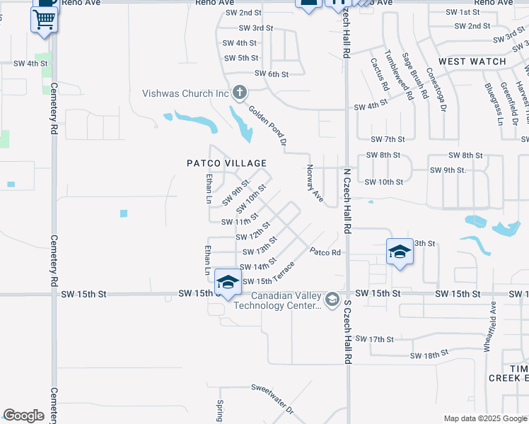 map of restaurants, bars, coffee shops, grocery stores, and more near 12304 Southwest 11th Street in Yukon